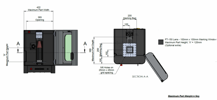 Maßzeichnung des Innenraums des Markmate Lasers