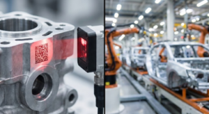 Scnner scannt den DMC-Code in einem Automobilwerk